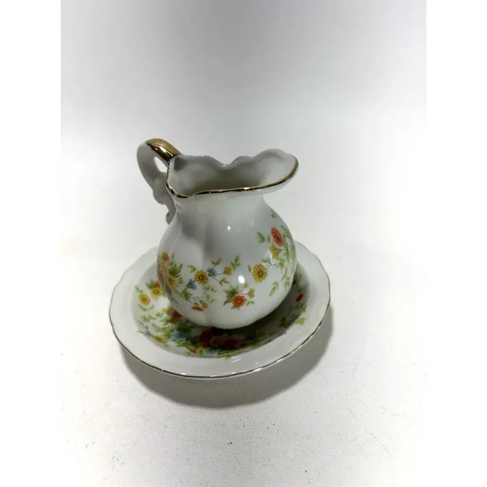 Vintage Lefton China Creamer w Saucer Hand Painted Floral Gold